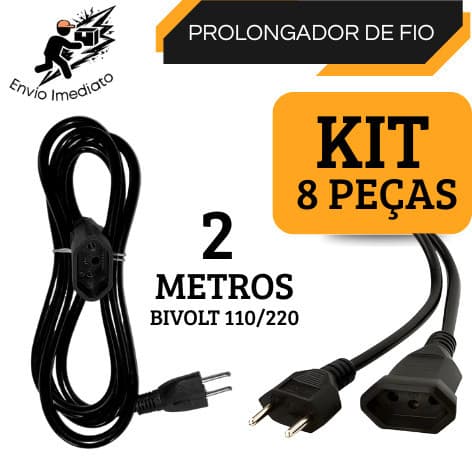 Kit 8 Extensão Elétrica Prolongador Preto Extensor de Cabo 2 Metros Bivolt 110v e 220v - JG