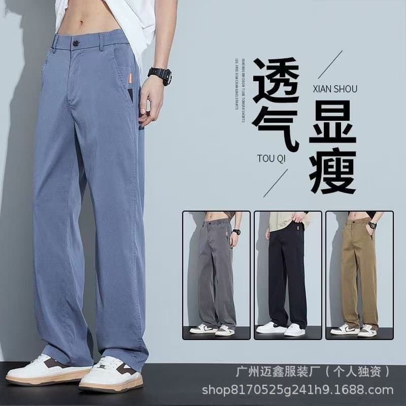 Verão Lyocell Tencel calças casuais masculinas soltas retas estiramento resistente ao desgaste não-ferro calças de meia-