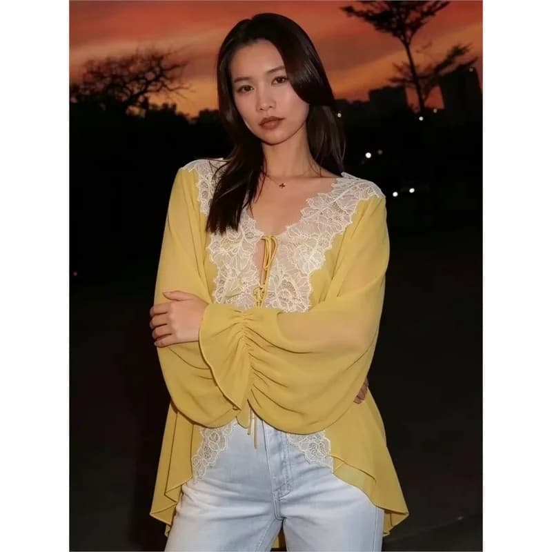 Camisa Feminina Leve Nova Moda Verão 2026, Camisa de Renda Translúcida de Manga Longa com Barra Assimétrica