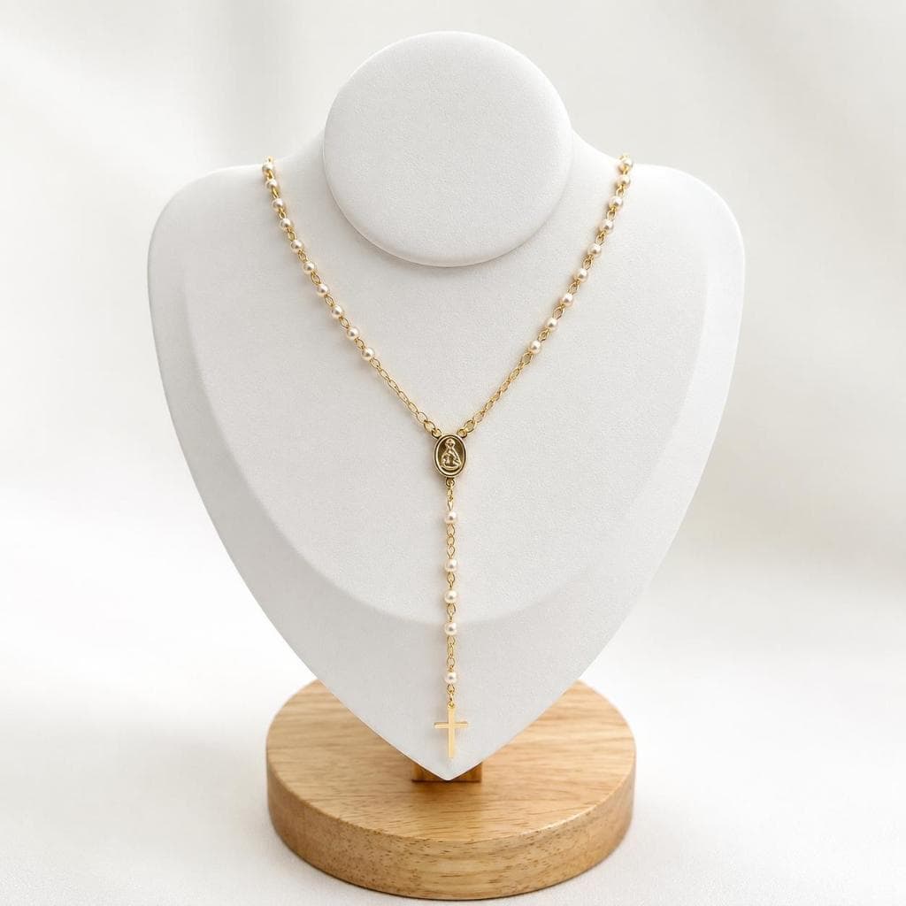 Colar Terço Feminino Nossa Senhora Pérolas Banhado a Ouro 18k