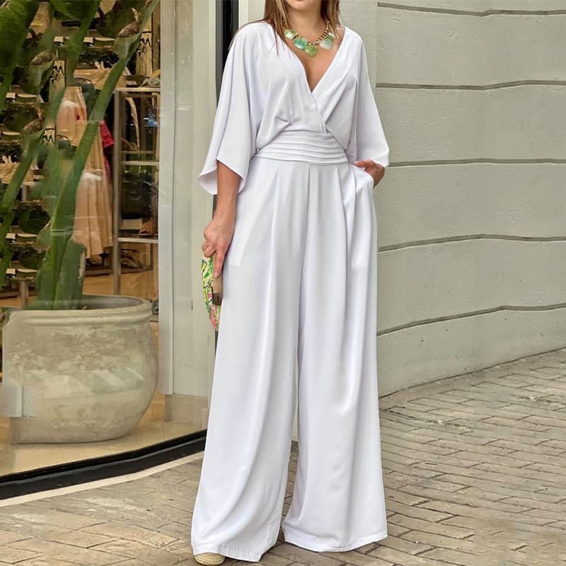 Macacão feminino elegante Casual cor sólida com decote em v Slim Fit perna larga