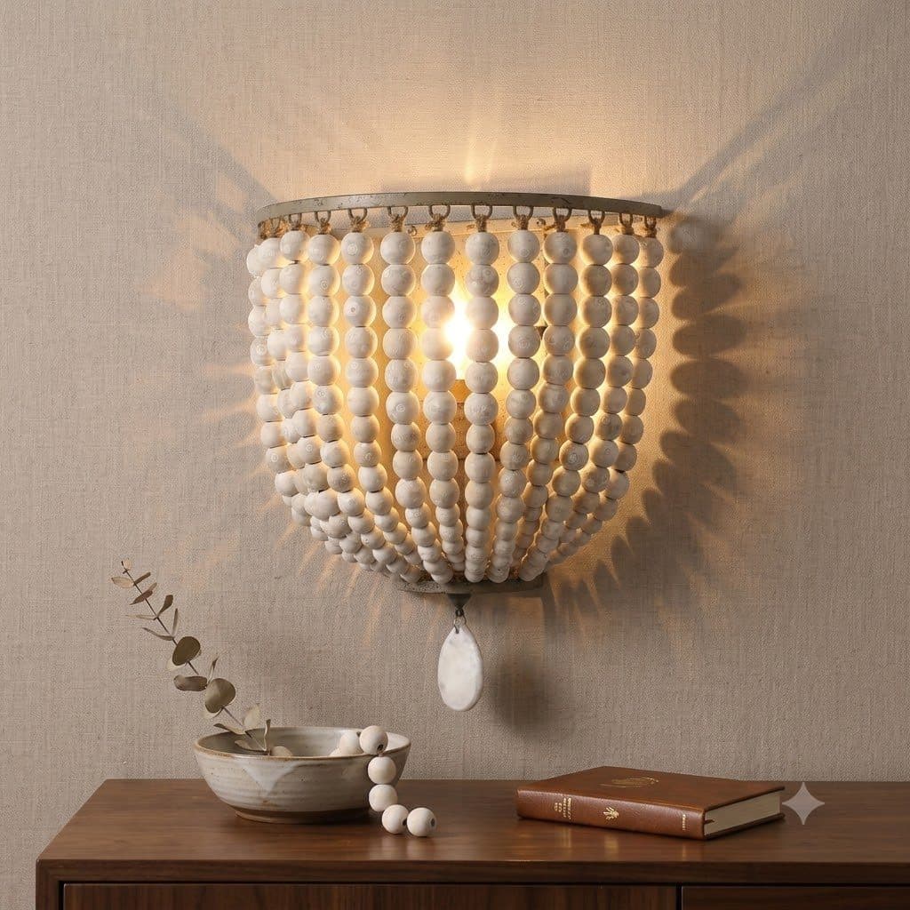 Arandela De Parede Rústica Boho Chic Meia Lua Contas De Madeira Vintage Luminária E12 Decoração