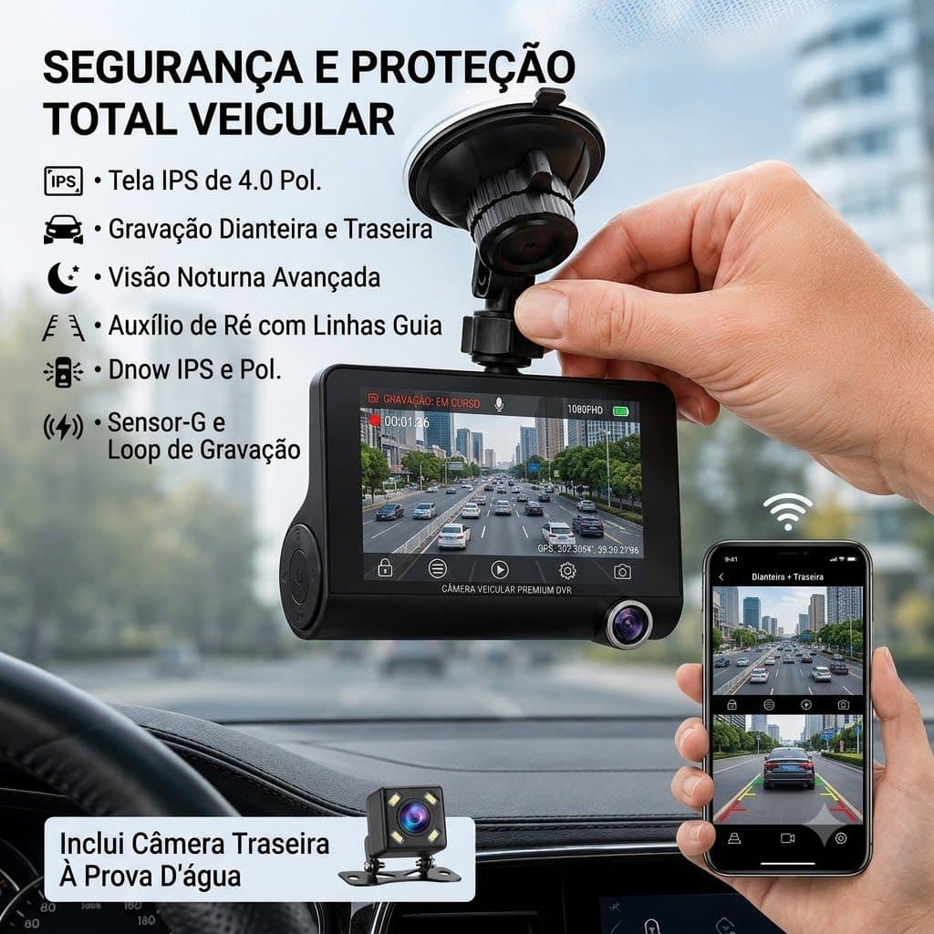 Câmera Veicular DVR Full HD 1080P Tela IPS 4.0 Visão Noturna e Ré Câmera Traseira