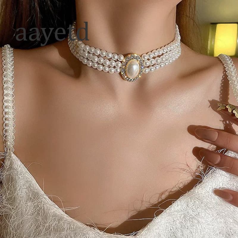 Colar Gargantilha De Pérolas Em Camadas Aayetd Para Mulheres , Brancas Falsas , Joias Vintage