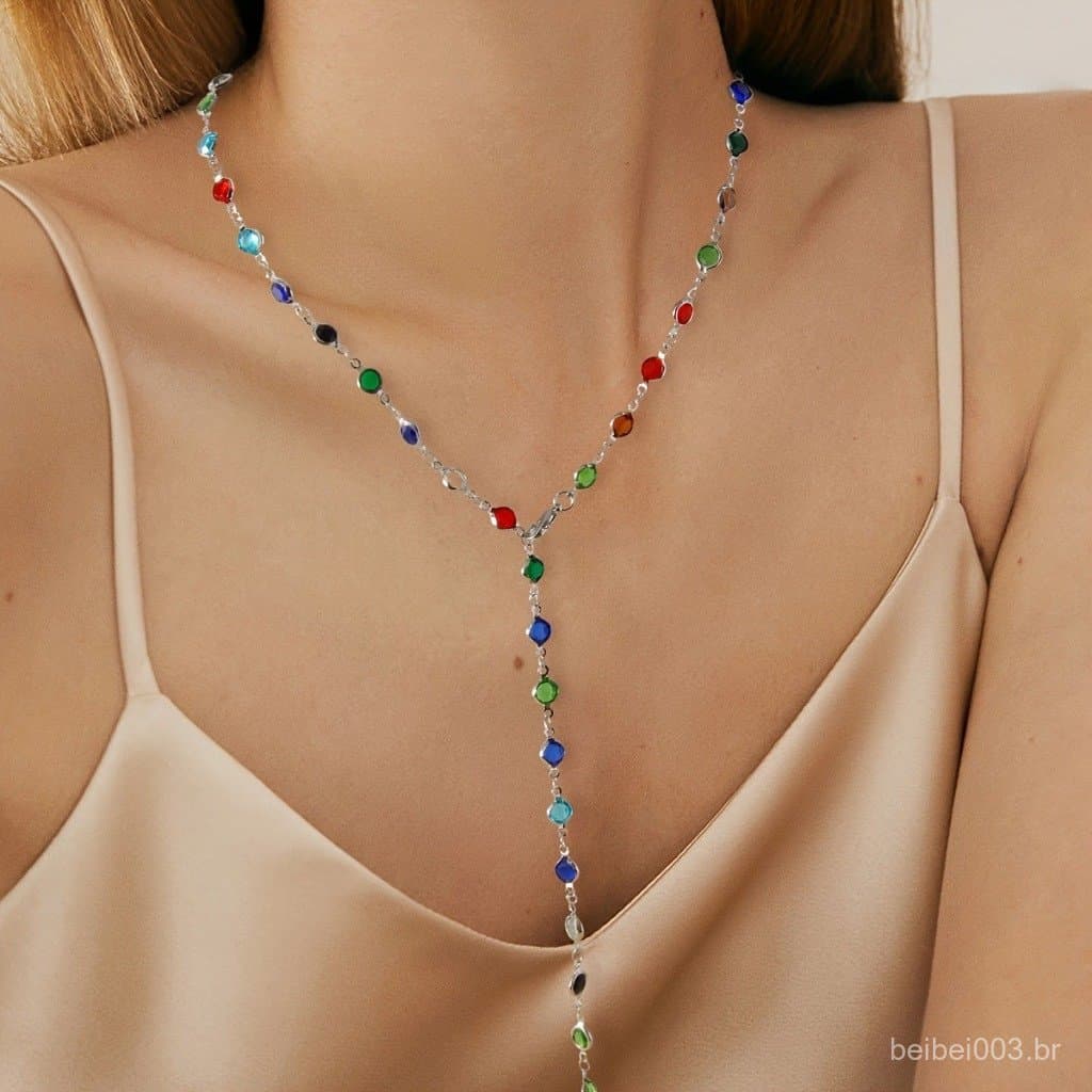Colar Feminino Longo Colorido Prata Pedras Multicolor Elegante Boho Chic Festa Moda Verão Presente Luxo