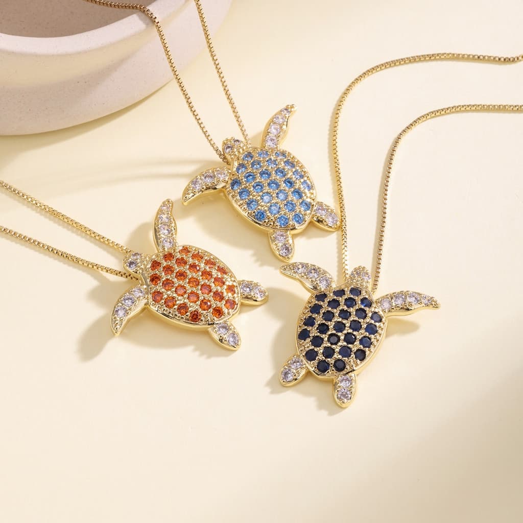 Colar Com Pingente De Tartaruga CZ Multicolorido Banhado A Ouro , Brilhante De Declaração De Animal Oceano Para Mulheres