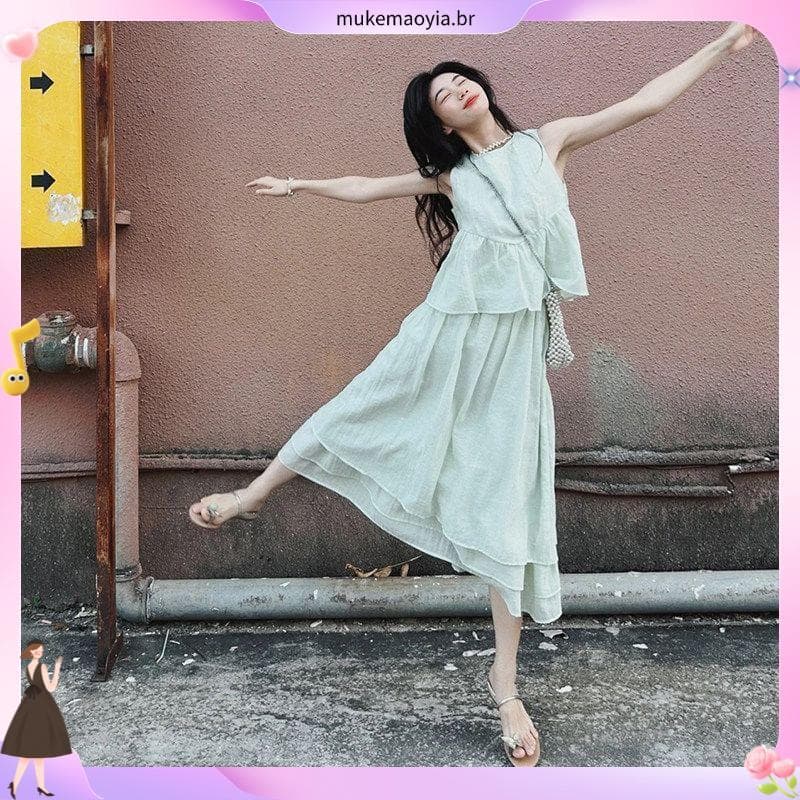 Férias à beira-mar estilo preguiçoso colete vestido feminino verão novo estilo sem mangas Halter pescoço estilingue saia
