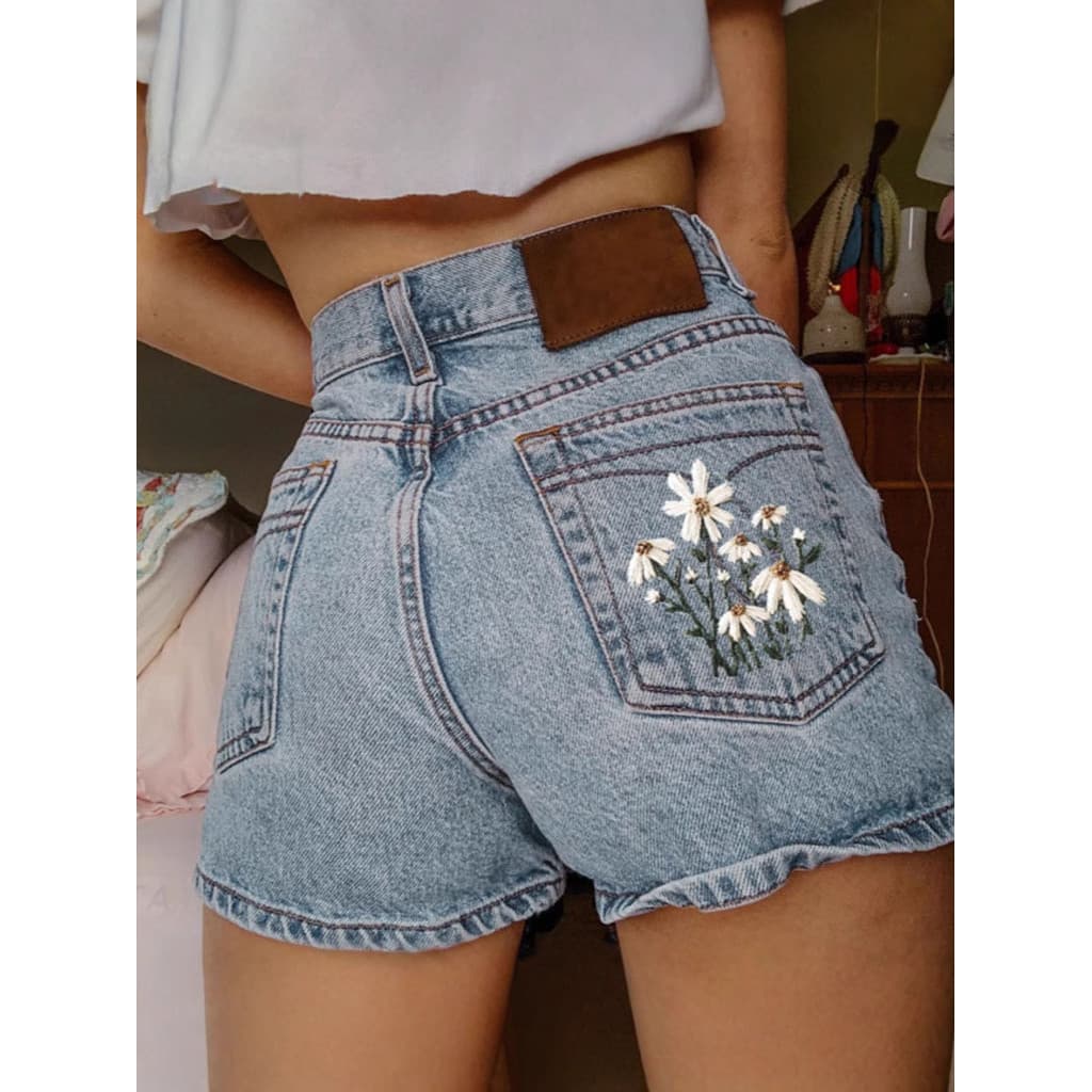 Meninas shorts femininos shorts jeans bordados shorts jeans All-Match shorts jeans roupas femininas casuais