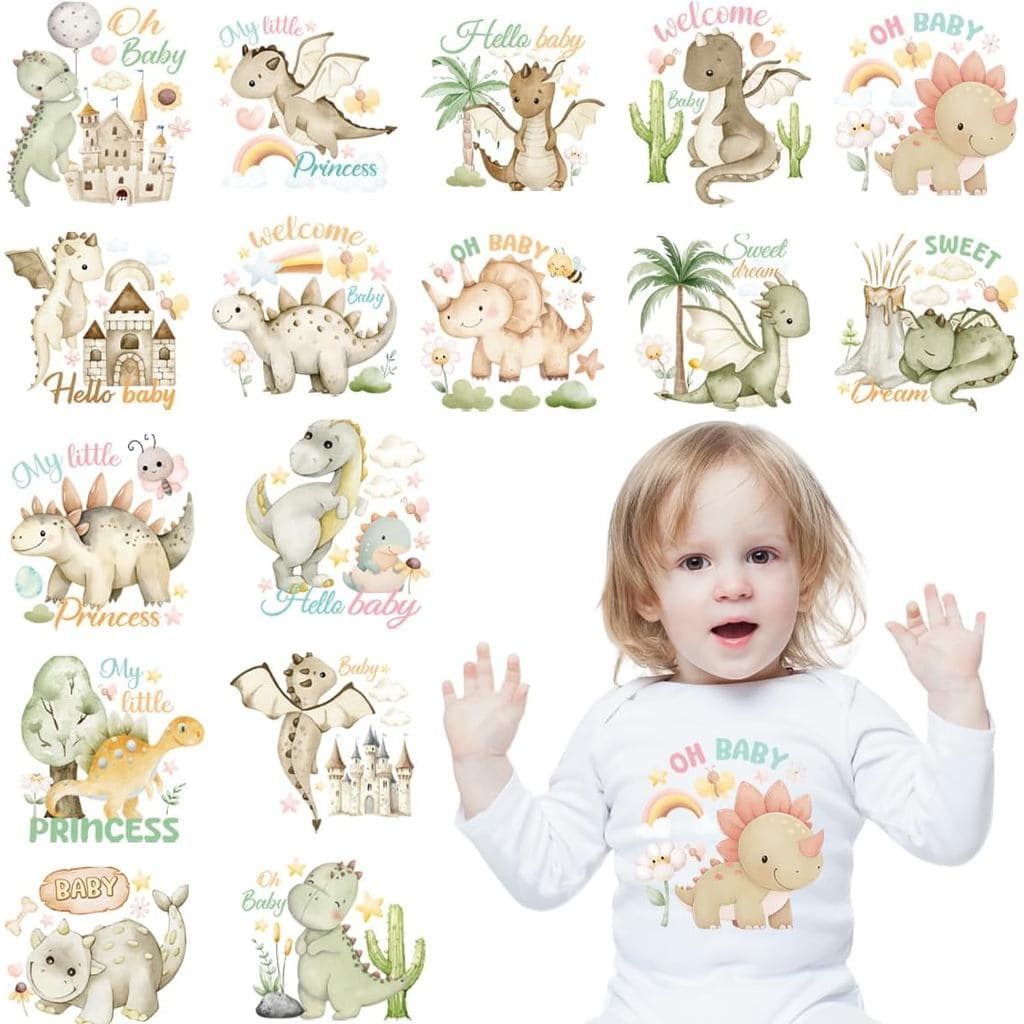 16 Folhas de Transferências DTF de Dinossauros Prontas para Aplicação, Transferências Termocolantes para Camisetas e Ade