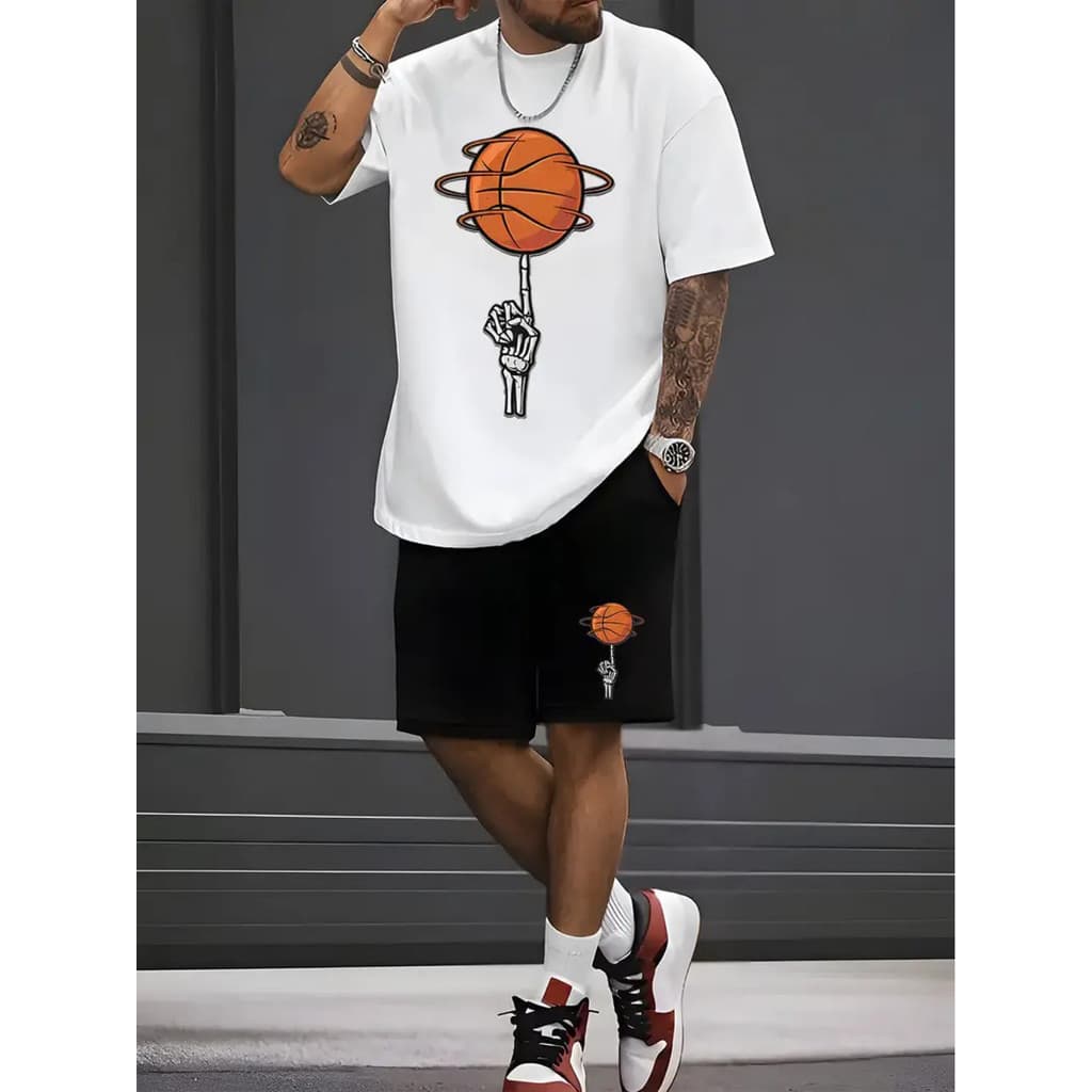 Conjunto Masculino Bermuda Short e Camiseta Manga Curtaverão casual estampado basquete estiloso academia treino moda