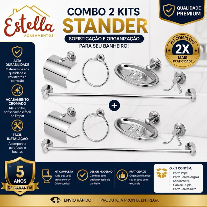 2 Kit Stander Banheiro Completo com Suporte e Acessórios Inox – Alta Resistência, Moderno e Fácil
