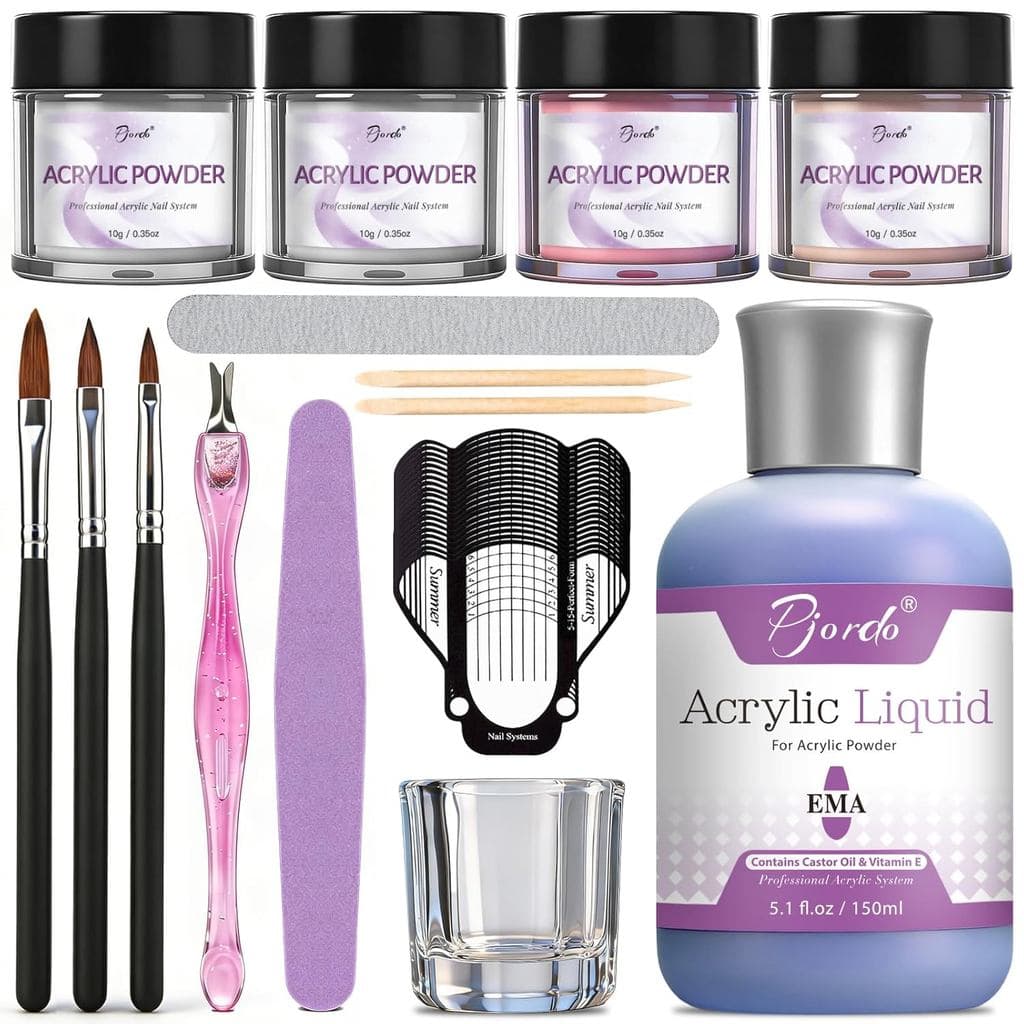Kit de Unhas Acrílicas Pjordo, 5.1fl. Líquido Acrílico oz com 3 Tamanhos de Pincéis para Unhas, Lixas, Moldes e 4 Pós pa