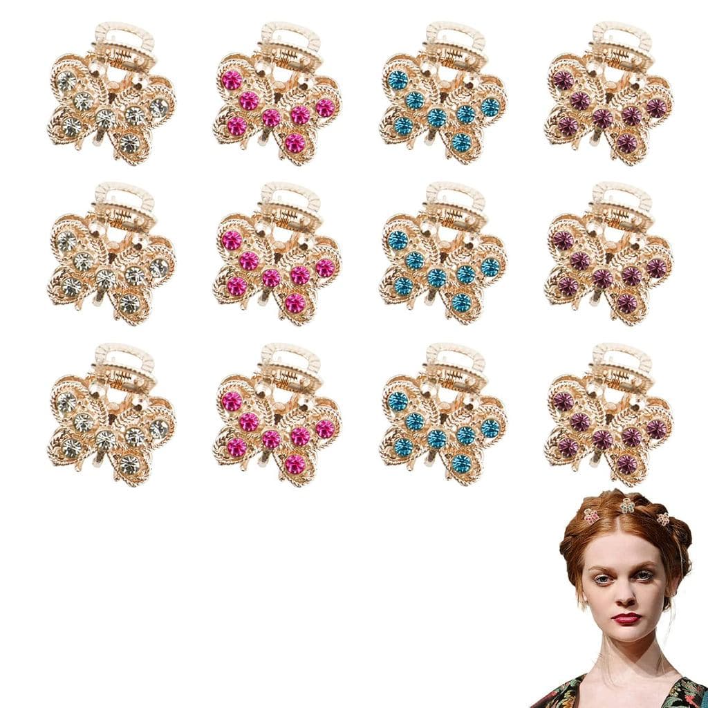 Pacote com 12 Mini Presilhas de Cabelo em Forma de Borboleta com Strass, Clipes de Metal com Cristais, Presilhas Antider