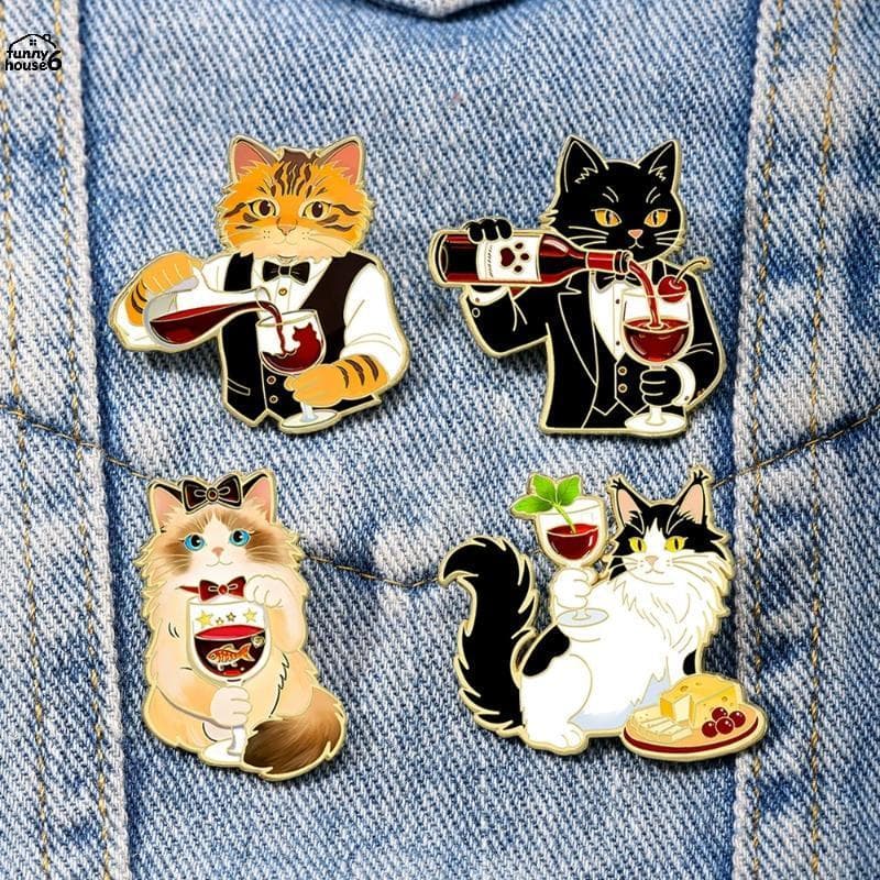 Divertido Bonito Animal Esmalte Broches Engraçado Cavalheiro Gato Vinho Queijo Temático Pinos Para Camisa Lapela Uso Diá