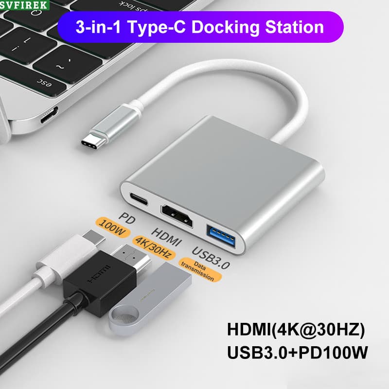 Adaptador 3 Em 1 Type C Para HDMI 4K HDTV USB3.0 100W PD Estação De Acoplamento Multifuncional De Liga De Alumínio De Ca
