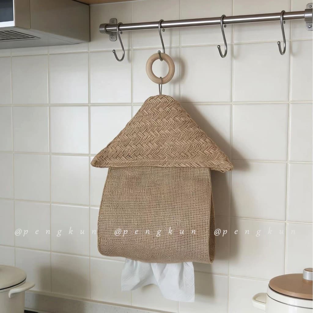 Saco de tecido pequena casa forma juta Natural Retro simples versátil caso protetor de papel montado na parede