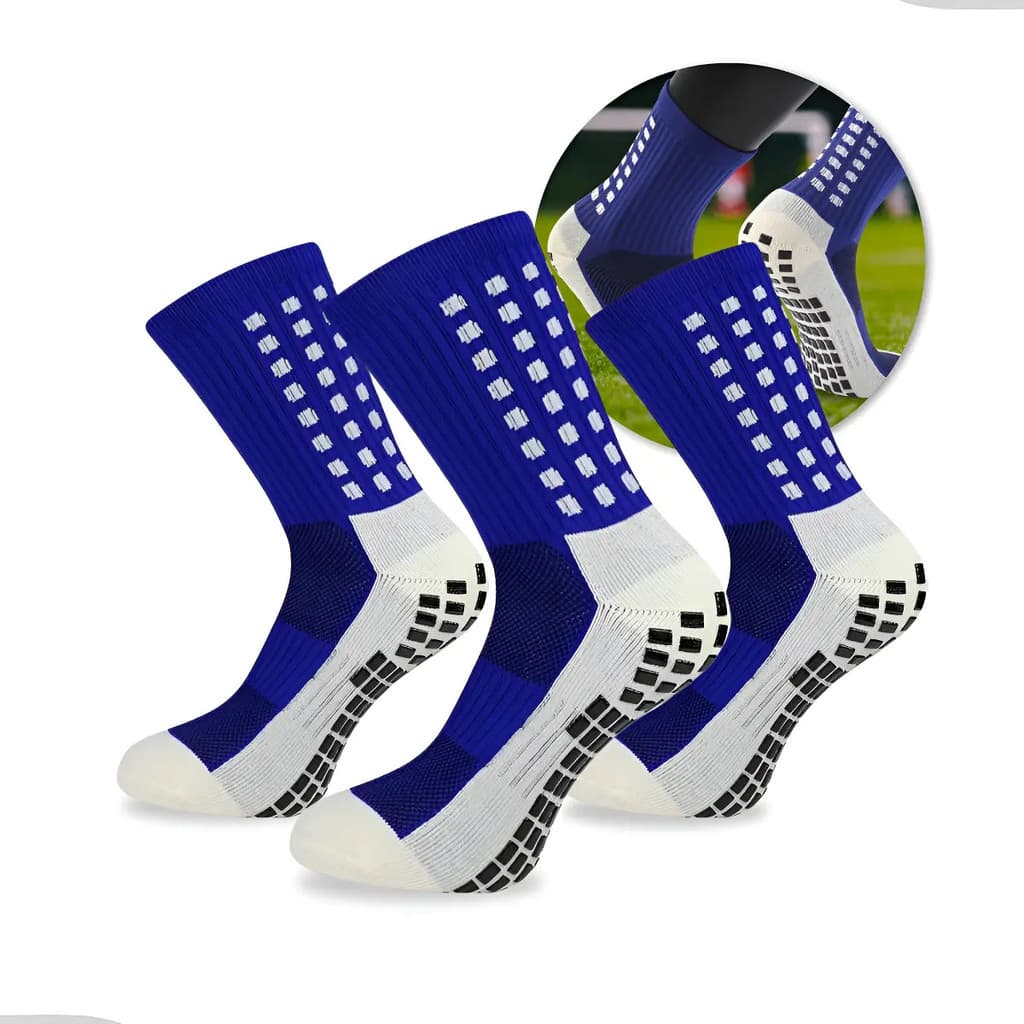 Kit 3 Pares Meia  Antiderrapante Esportiva Futebol Treino Azul 36 Ao 44