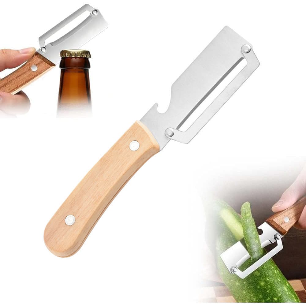 Descascador de vegetais de alta qualidade com cabo de madeira e abridor de garrafas, um utensílio de cozinha dois em um,