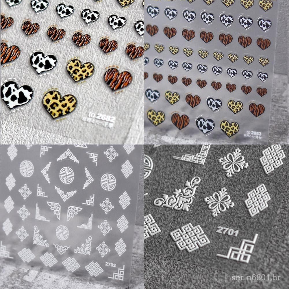 Adesivo de unhas com estampa de leopardo e coração em relevo, acessório de nail art muito vendido XJK2