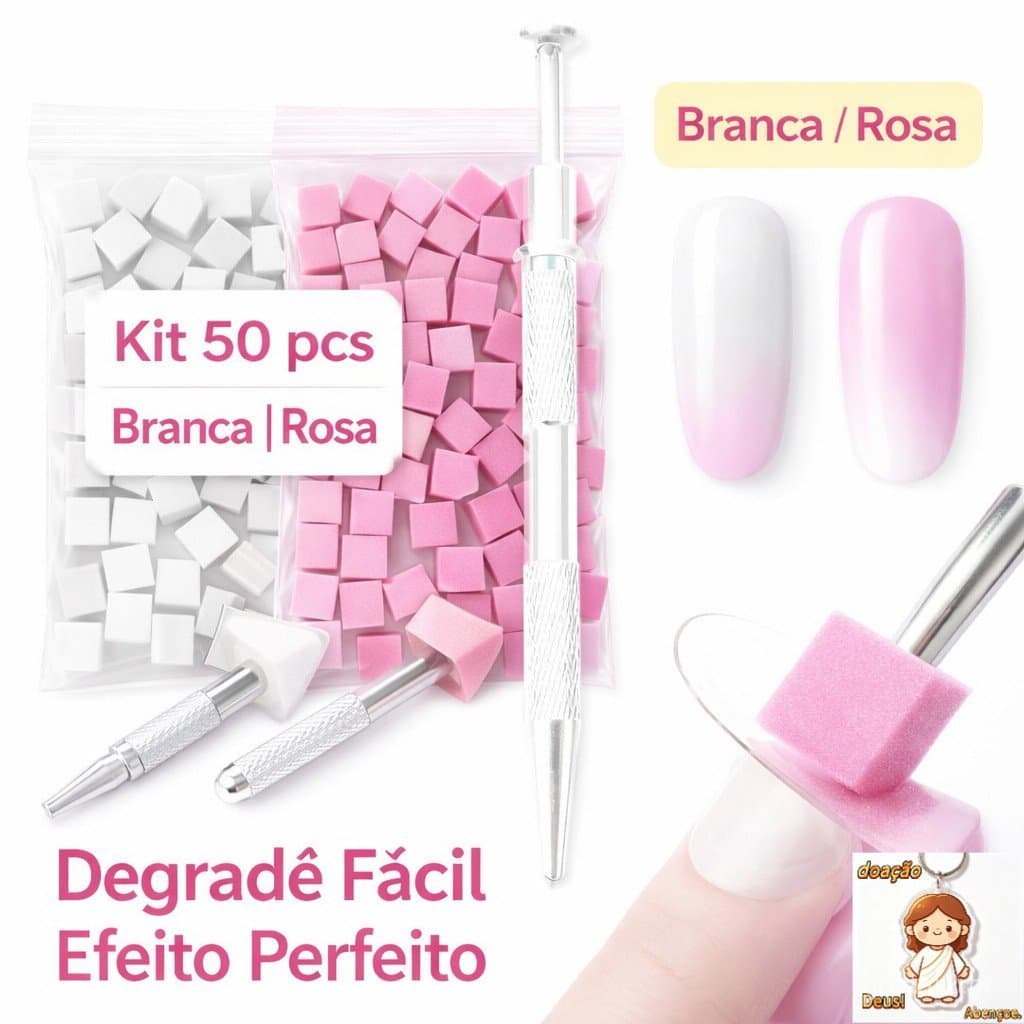 Kit 50 pcs Esponja para Unha Branca e Rosa + Ferramenta  Efeito Degradê Nail Art