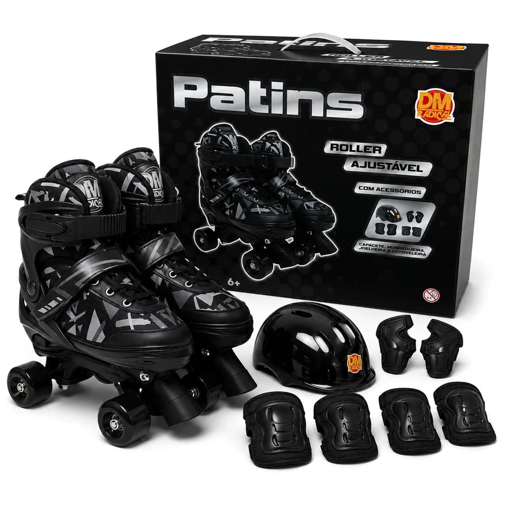 Patins Roller Preto Com Kit Proteção Completo Capacete Joelheiras Cotoveleiras Munhequeiras
