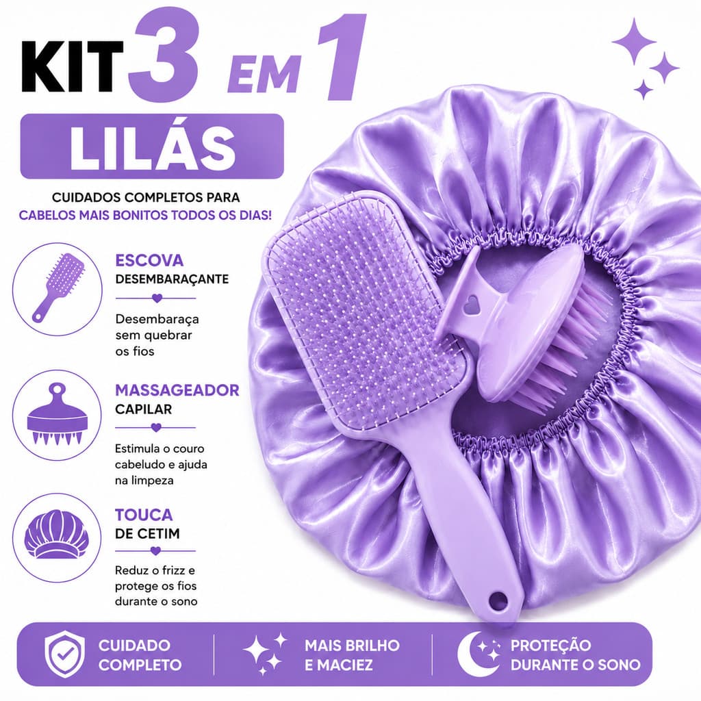 Kit Completo para Cabelos Lilás Touca de Cetim Escova Desembaraçante Massageador Capilar 3 em 1