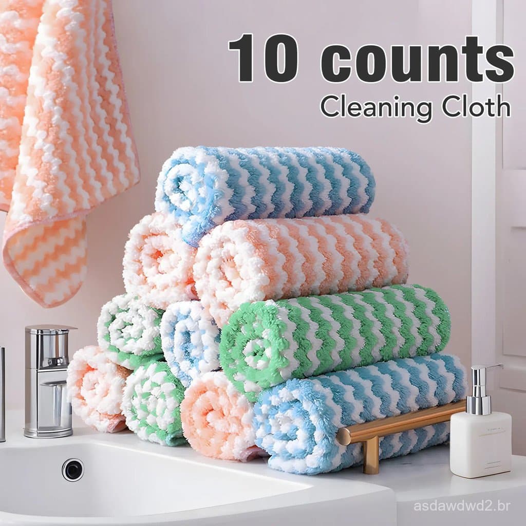 Conjunto de 10 panos de microfibra, ultra macios e altamente absorventes, usados para lavar louça e secar utensílios.
