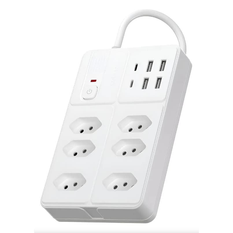 Extensão de Tomada Régua 6 Saídas 4 USB 2 Tipo-C Cabo 2M 2500W Bivolt