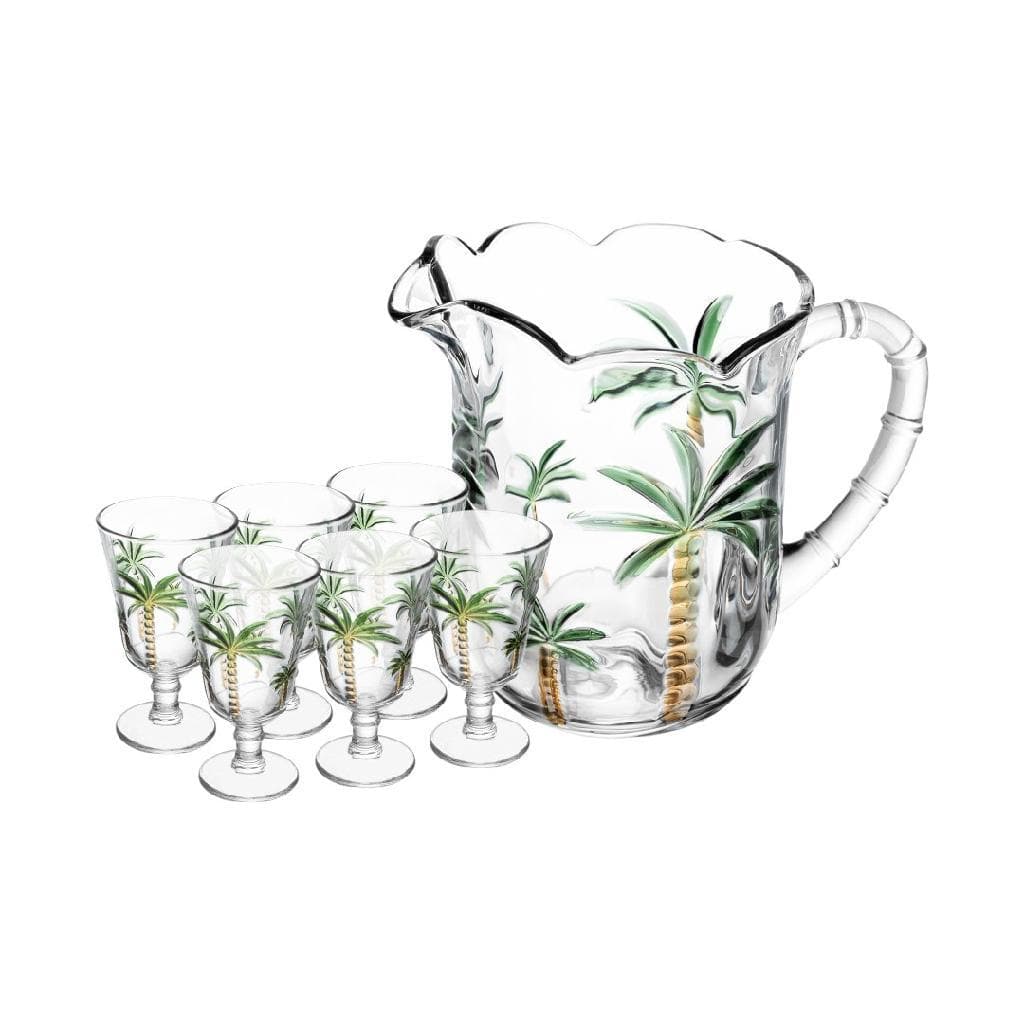 Jogo 7 Peças Água Suco Jarra Taças Cristal Ecológico Pintura Manual Palmeira Surpreenda