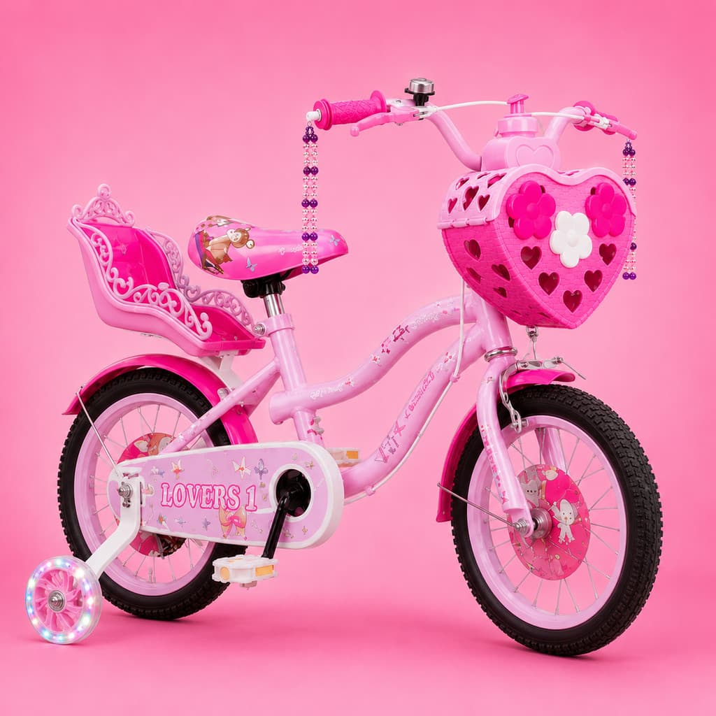 Bicicleta Infantil Menina Aro 14 rosa shock Lovers 2 LED + Baú Traseiro + Cestinha Coração + Garrafinha + Pneu
