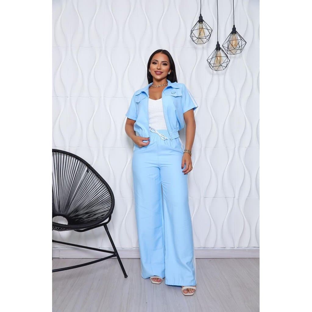 Conjunto Feminino Sensorial Marrant Blusa Manga Curta e Calça Pantalona - Azul Bebê - GG