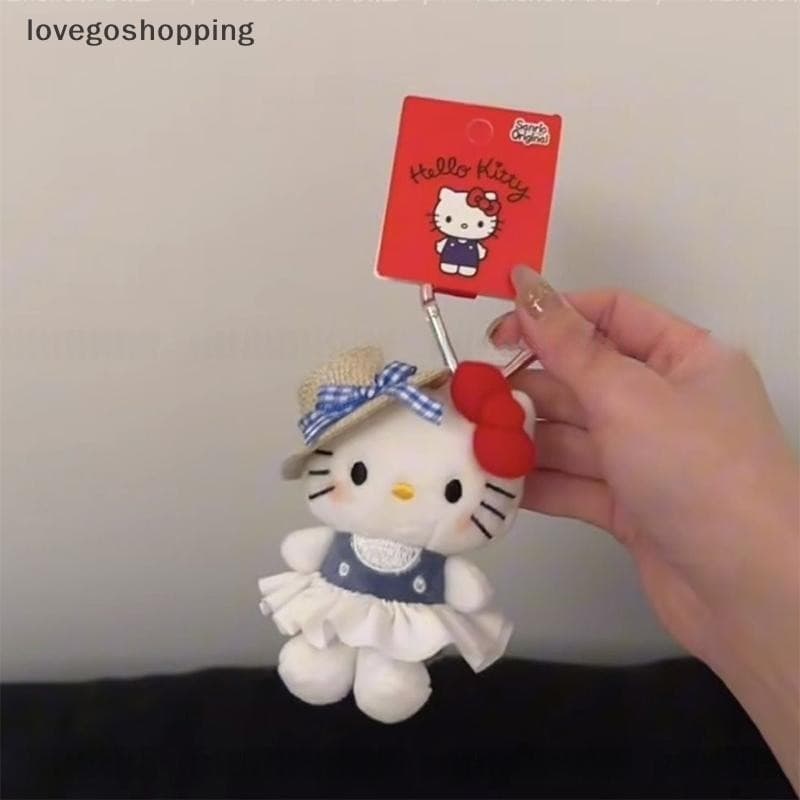 [lovego] Chaveiro de Pelúcia Azul Xadrez com Gatinho de Desenho Animado e Chapéu de Palha, Boneca Hello Kitty, Brinquedo