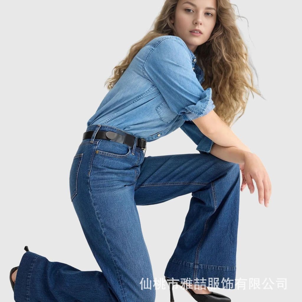 Perna Feminina Jeans Largo Cintura Alta Calças Largas Lavada