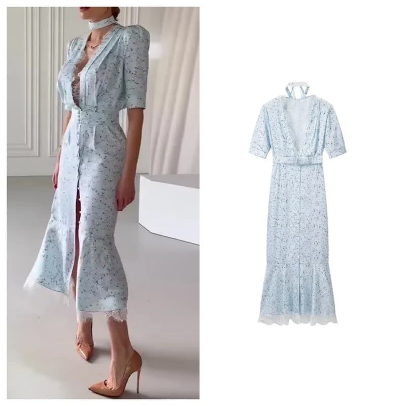 Vestido estampado dividido com decote em V profundo, manga curta, cor contrastante, costura em renda