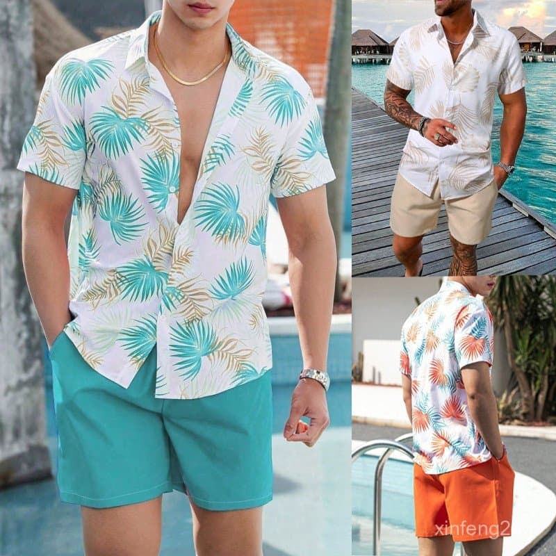 Camisa Havaiana Masculina Manga Curta Estampada Bermuda Shorts Casual Praia Verão Conjunto De 2 Peças XL1R