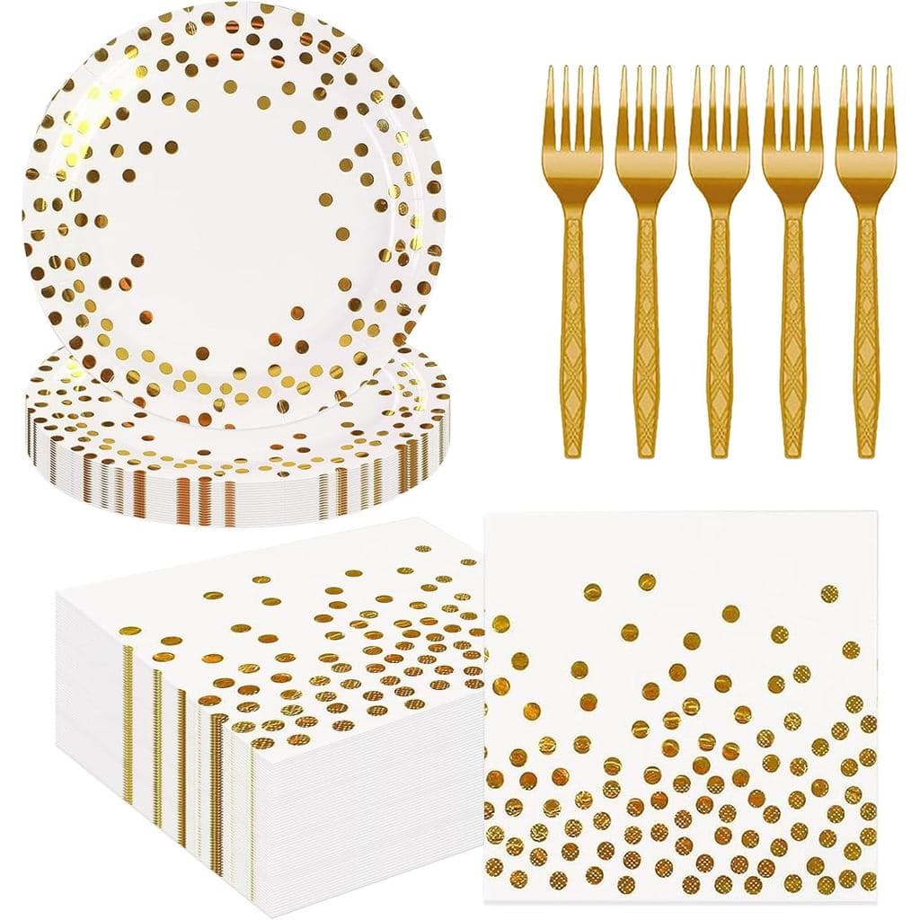 Conjunto de 75 Peças de Pratos e Guardanapos de Papel Branco com Bolinhas Douradas - Pratos Descartáveis para Sobremesa