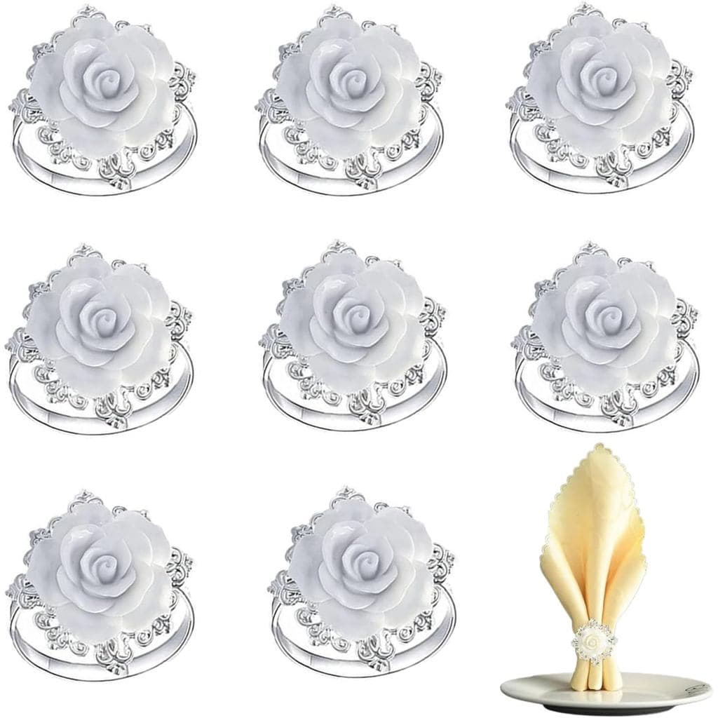 Argolas para Guardanapos com Motivo Floral, Prata, 8 Peças |   Design Elegante, Rosa Branca, Para Casamento, Aniversário