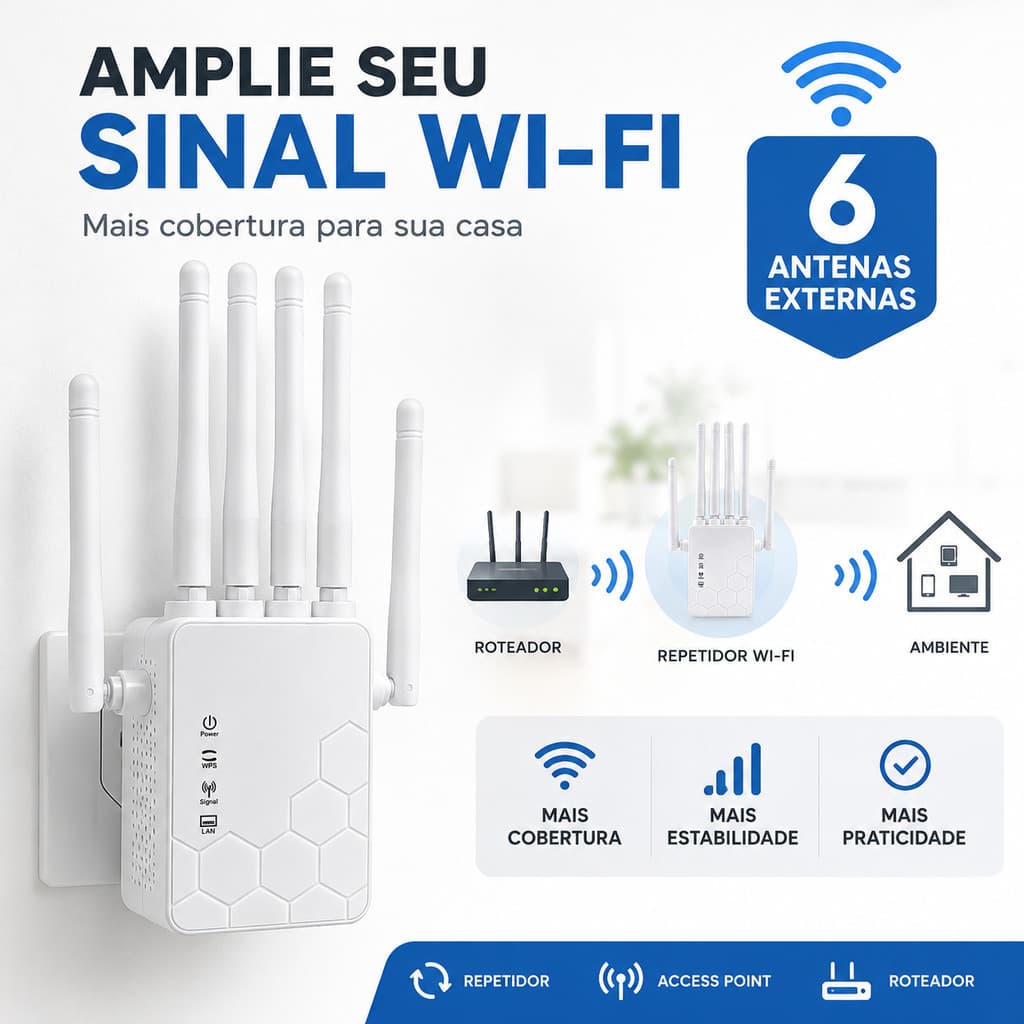 Repetidor WiFi 6 Antenas 2.4G 1200Mbps Amplificador Sinal Roteador WPS