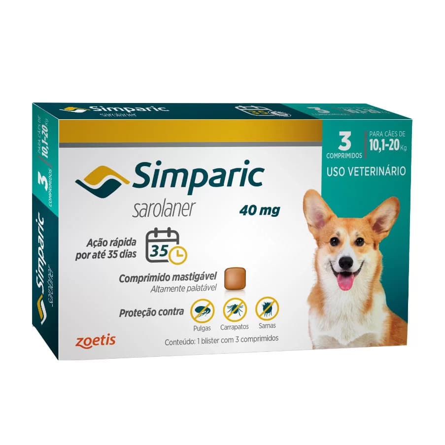 Simparic Cães de 10,1 a 20Kg - 40mg - cx com 3 compr