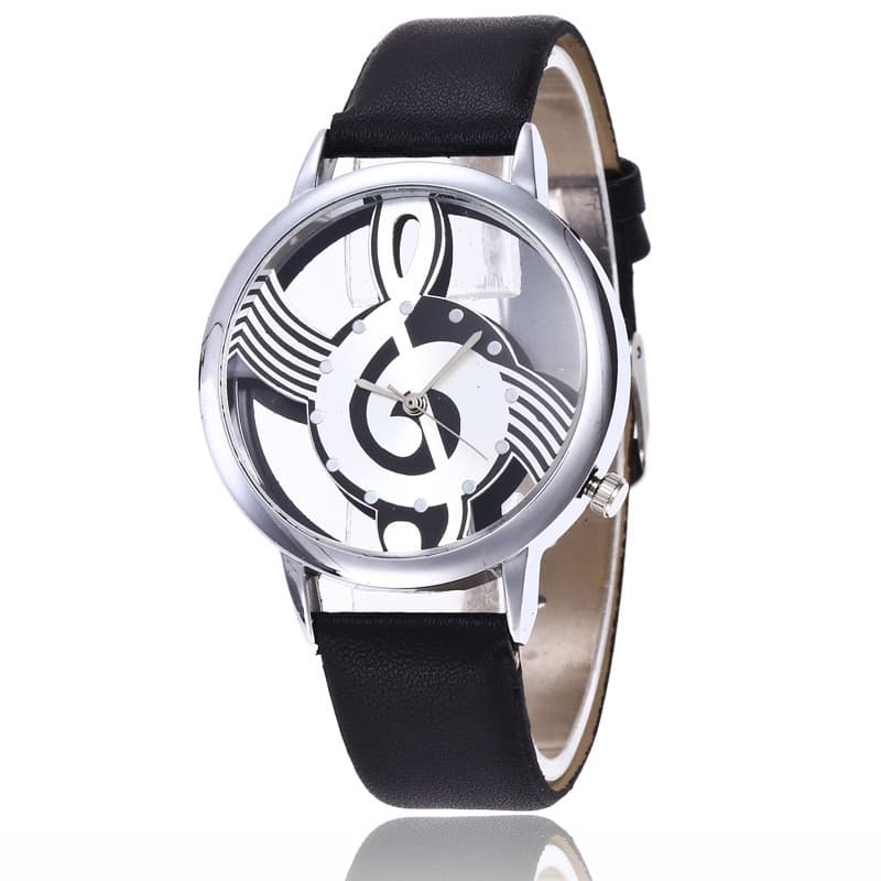 Relógio de pulso feminino criativo e elegante com design de nota musical, relógio masculino com pulseira de malha de aço