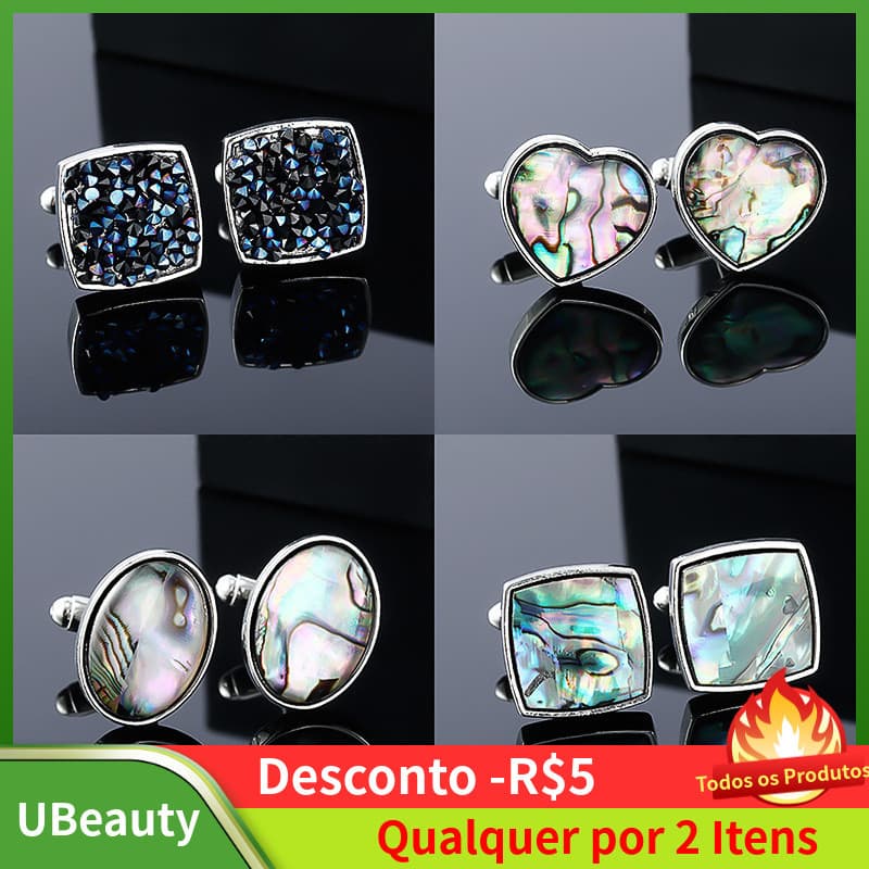 Abotoaduras masculinas de madrepérola com design de concha de abalone, abotoaduras quadradas de metal com concha em degr