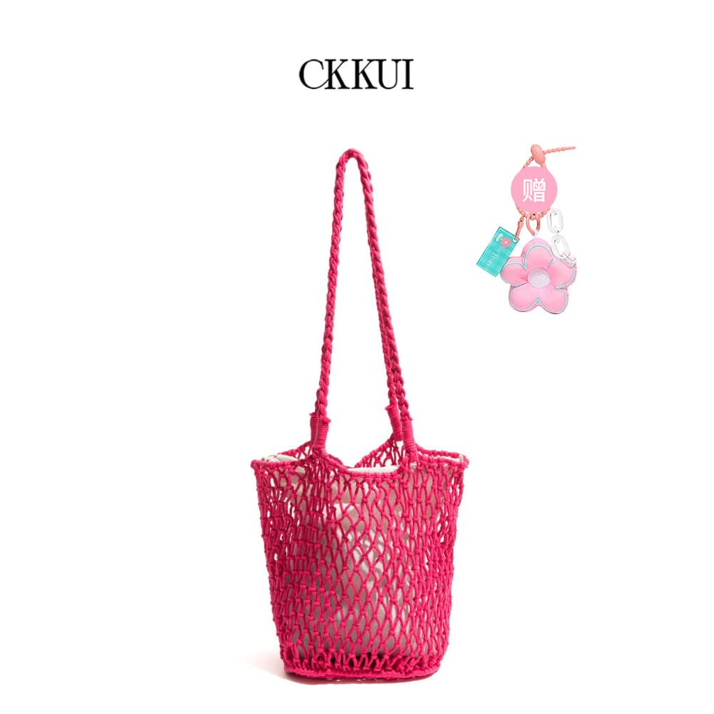 Amen moda saco loja verão pequeno fresco tecido rosa saco feminino dopamina oco preguiçoso praia bolsa de ombro