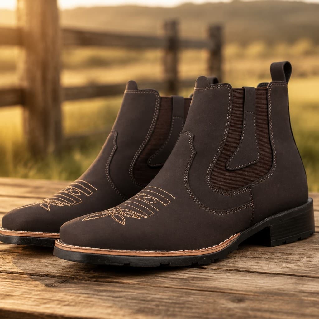 Bota Texana Cano Curto Country Masculina Bico Quadrado Bordado Western