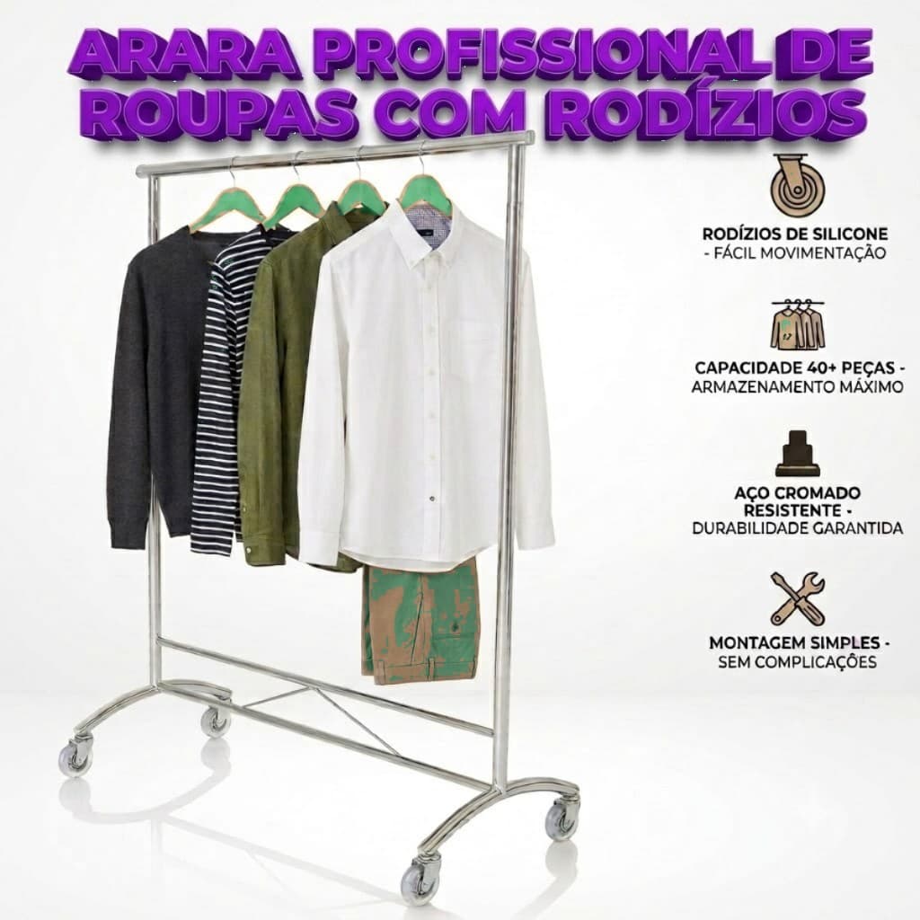 Arara de Roupas Reforçada 1,50m com Rodízio Silicone Cabideiro Expositora Closet e Loja