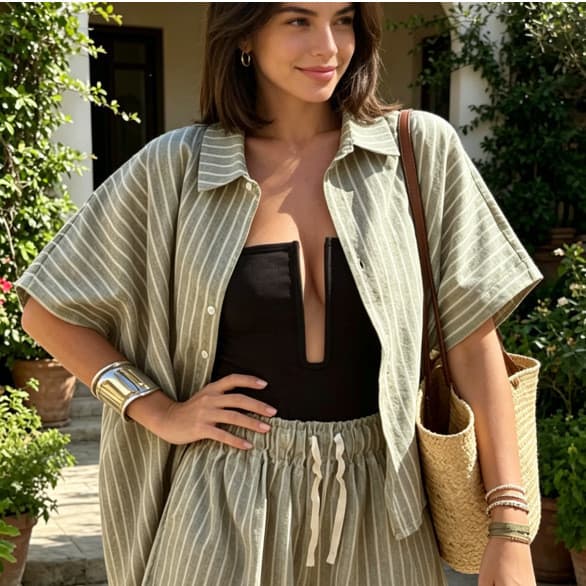 Conjunto de Camisa Listrada e Shorts Feminino Novo de Verão 2026, Estilo Simples e Casual
