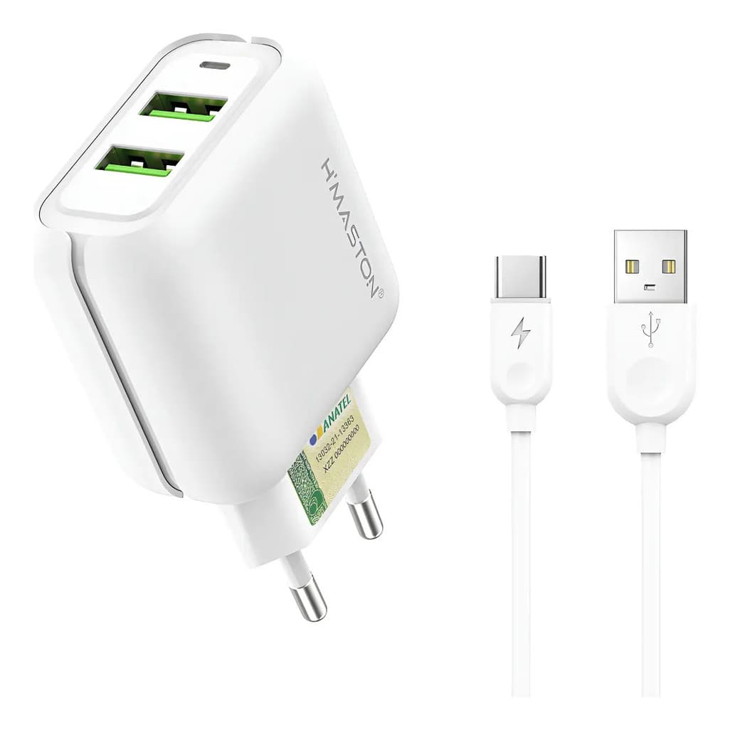 Carregador Rápido 25W Type‑C, Portas USB+USB‑C com Cabo USB‑C Compatível com Samsung, Motorola, Xiaomi, iPhone