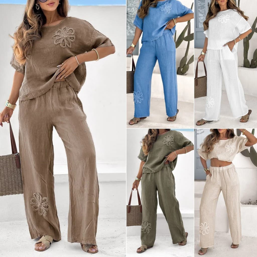 Novo estilo conjunto de 2 peças tamanho grande bordado Casual terno cintura alta calças soltas