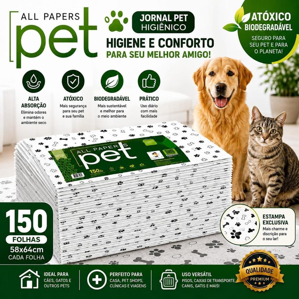 Jornal Pet Higiênico Atóxico Biodegradável 150 Folhas Grandes - Tinta à Base de Água, Folhas Dobradas Individualmente