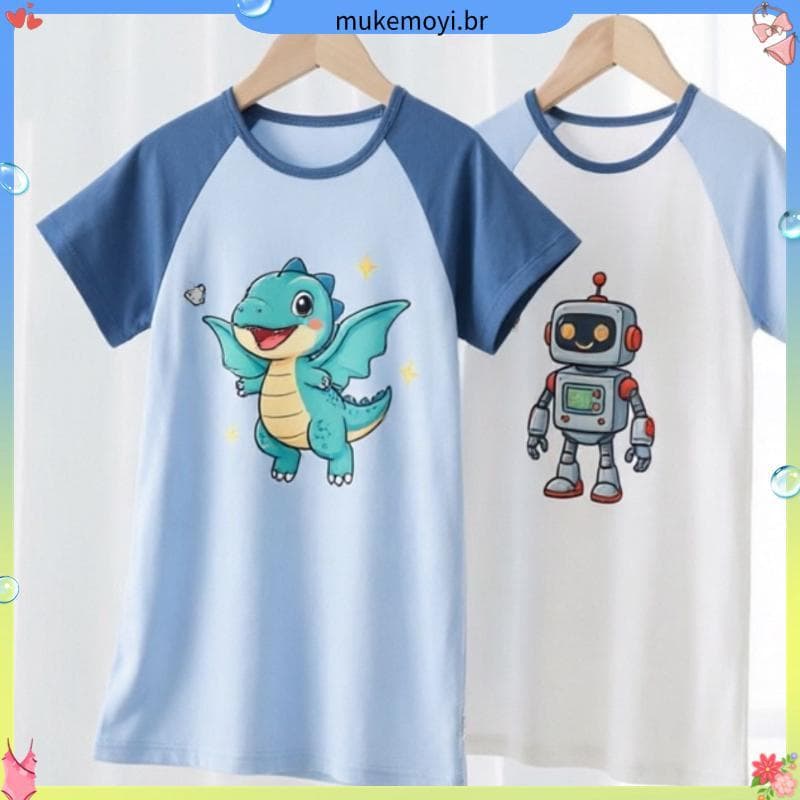 100% algodão médio grande crianças soltas verão dinossauro manga curta camisola masculina sobre o joelho Paja