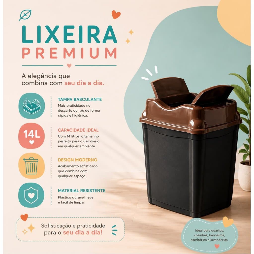 Lixeira Basculante 14L com Tampa Plástico Resistente Moderna para Cozinha Banheiro Escritório Lavanderia